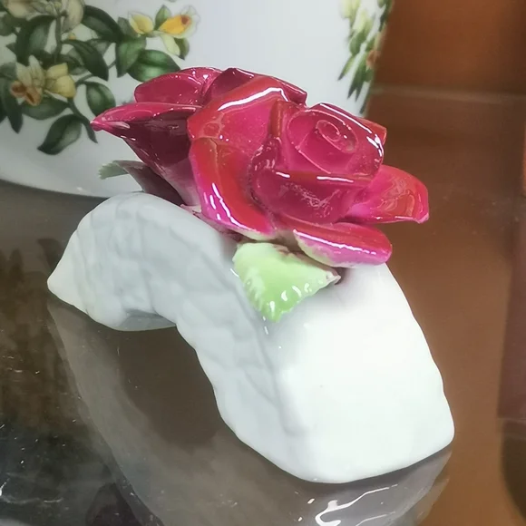 Glossy Ceramic Rose Figurine in Deep Rose and White - Picture 4 of 6
